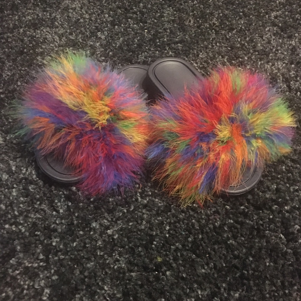 Dark Rainbow Fur Slides